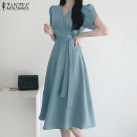 Vestido De Verano Elegante ZANZEA Para Mujer Moda OL Trabajo Corto Manga Vestido Casual Sólido A-Line Kaftan Sarafans Robe Femme - details 2