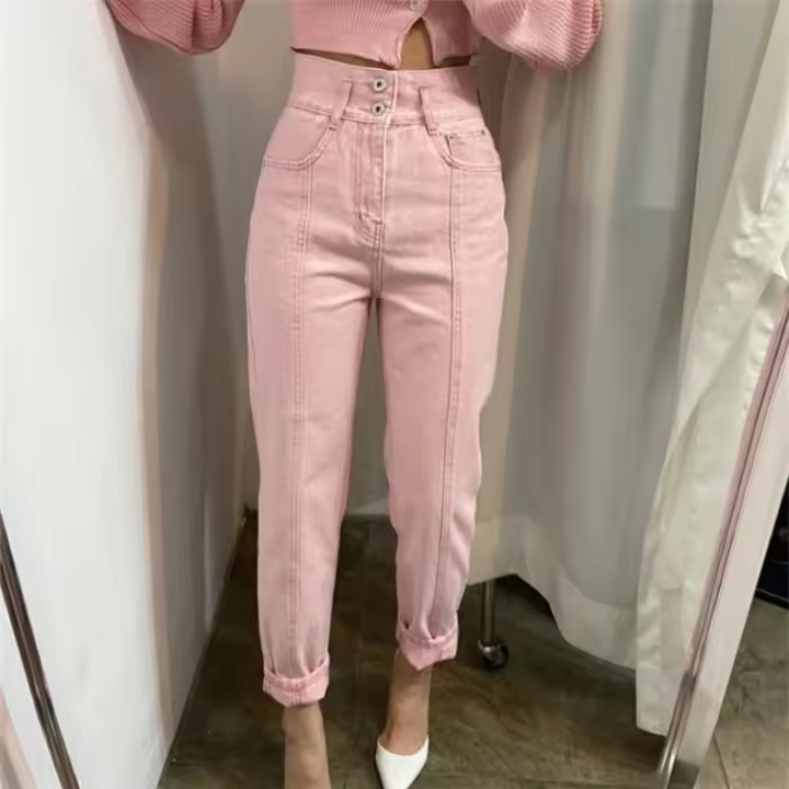 Pantalones Vaqueros Casual Para Mujer REALEFT Con Bolsillos Delanteros Cintura Alta Vintage Color Sólido Pantalones Rectos Para Damas - 1