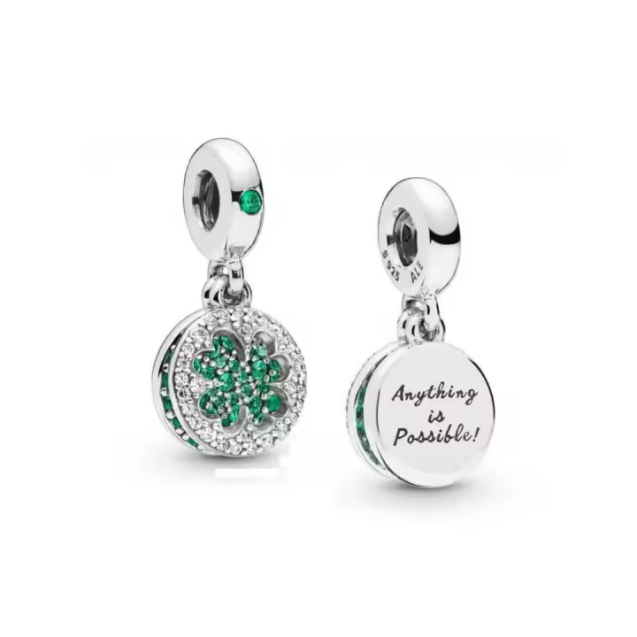 Charm Pandora Trébol Brillante con circonita transparente, cristal verde, grabado "Anything is possible" PANDORA Raíz MUJER inicio Charm Pandora Plata  Pandora original - 1