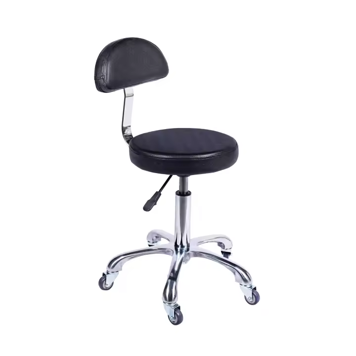 Taburete de peluquería con Respaldo Negro, Estructura cromada y Base de 5 Ruedas - 1