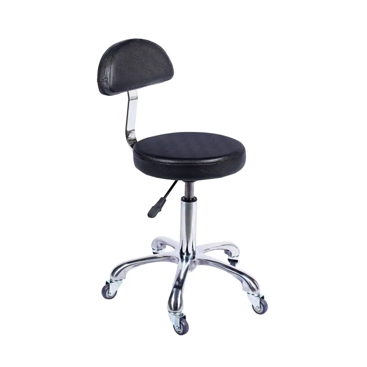 Taburete de peluquería con Respaldo Negro, Estructura cromada y Base de 5 Ruedas - 1