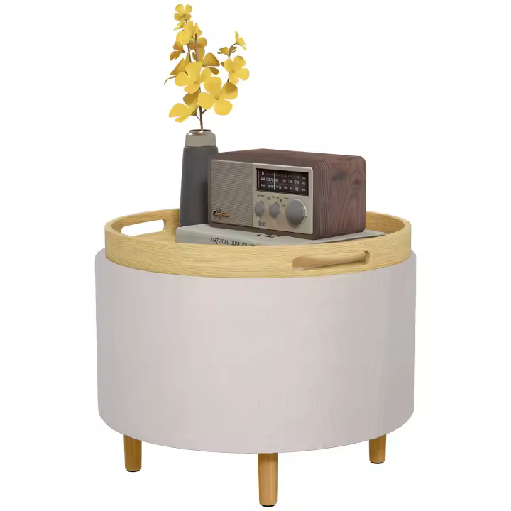 HOMCOM Taburete otomano con espacio de almacenaje, otomano redondo con tapa abatible, patas de madera, moderno, para salón, dormitorio, blanco, Ø56 x 42 cm - 1