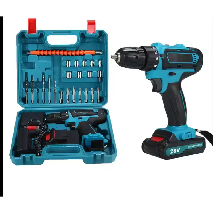 Taladro inalámbrico 2140rpm, 2 baterías 28V, torque 55Nm, 2 velocidades, portabrocas 10mm, potente, LoLek - 1