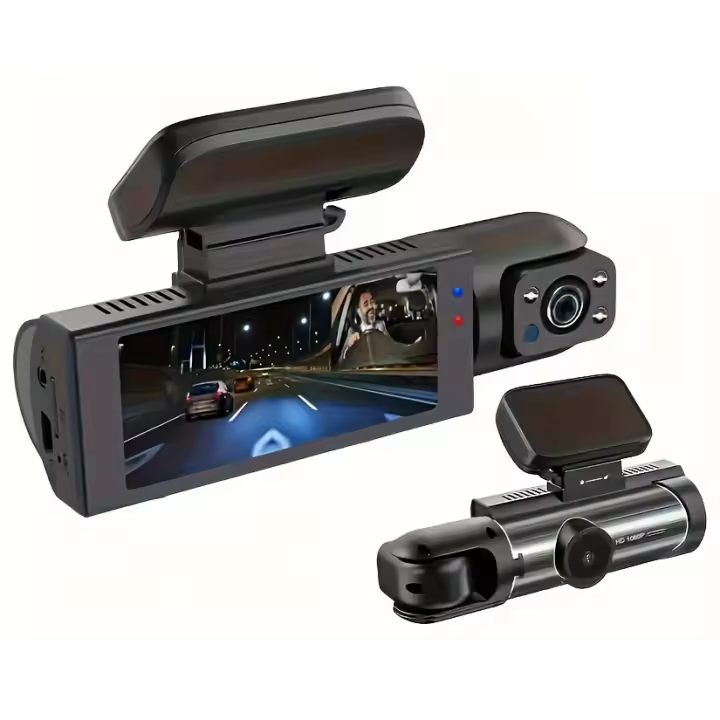 Cámara dual, 1080P delantera y 720P interior, conector de coche de 5V, batería de polímero de litio recargable, montaje adhesivo, compatible con PC, posición de conducción universal - No incluye tarjeta SD - 1