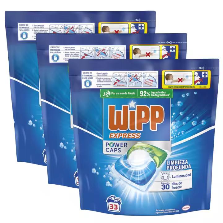 Pack De 3 o 4 Paquetes (99 Lavados o 132 Lavados ) De Wipp Express Power Caps Detergente en Cápsulas para Lavadora, 33 Dosis, Limpieza Profunda, Eficaz en Agua Fría - 1