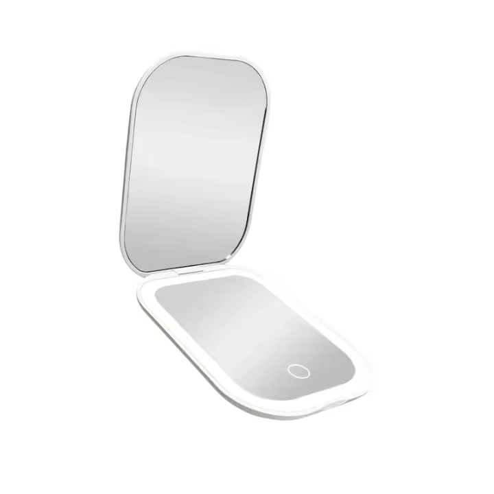 Espejo de maquillaje de viaje iluminado con luz y aumento 1X/2X, atenuación continua y luces ajustables de tres colores, batería recargable y tamaño compacto para llevar en el bolso y para uso portátil - Blanco - 1