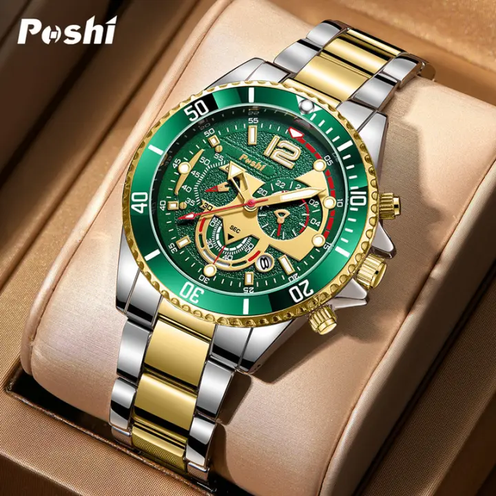 Reloj De Pulsera De Lujo Para Hombre POshi Resistente Al Agua Con Cronógrafo Y Foco Luminoso Correa De Aleación Fecha Reloj De Negocios - 1