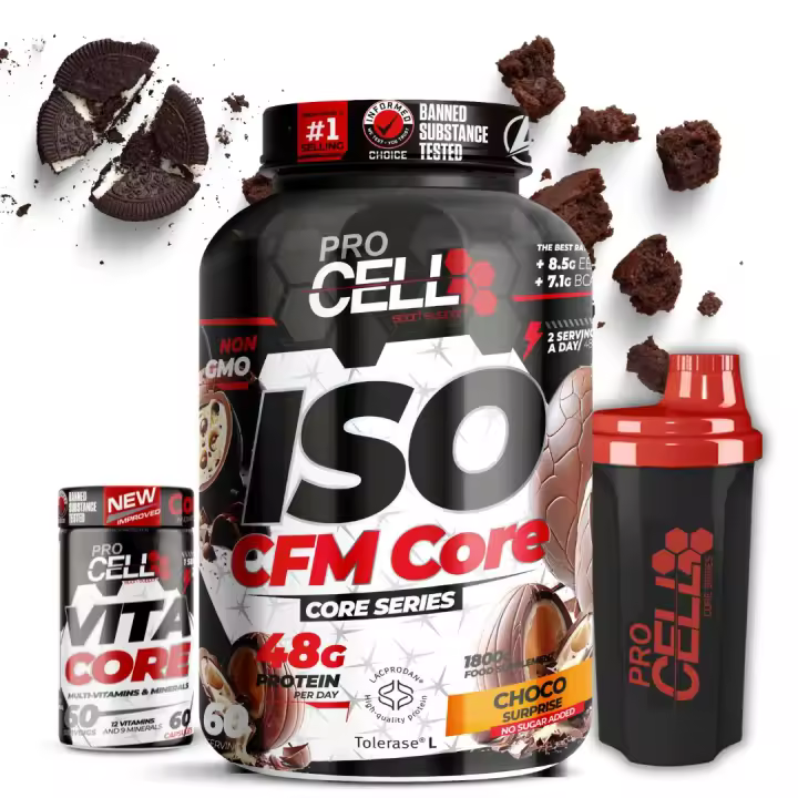 ProCell | PACK ISO CFM CORE + VITACORE 60 caps + Shaker REGALO | Proteína Aislada Pura | Proteína Isolada Premium | Aumentar Masa Muscular | Multivitaminico | (1,8 kg, Chocolate) - 1