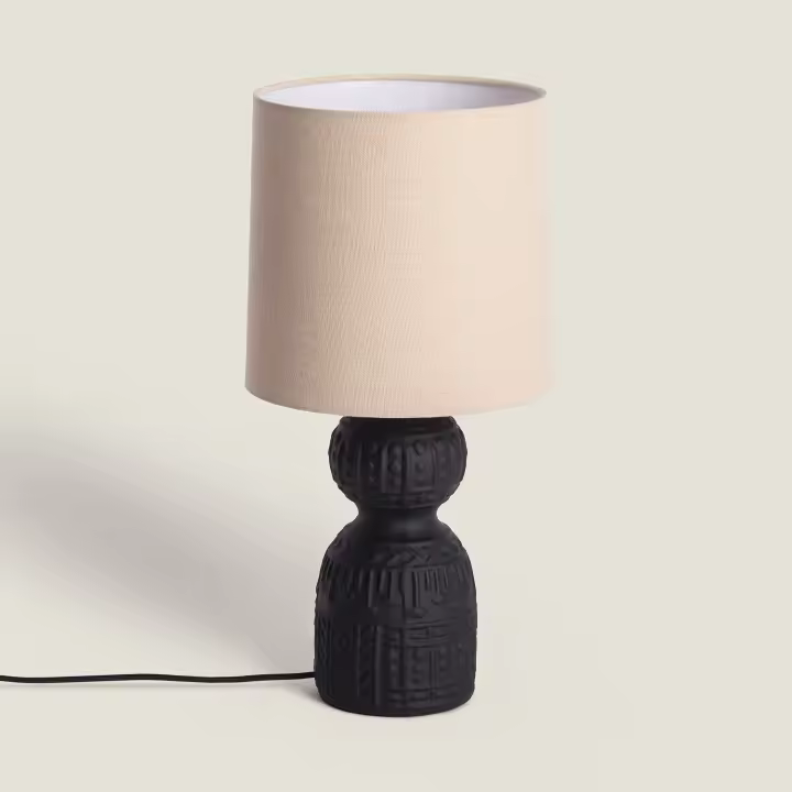 Ledkia Lámpara de Mesa Cerámica Hulun para Decoración étnica con Base Negra y Pantalla Beige - 1