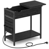 Mesa Auxiliar con Enchufes y Puerto USB - Mesita de Noche con Tablero Plegable, Estante y Bolsa de Tela, Estilo Vintage, Marrón/Negro, para Salón y Dormitorio - details 9