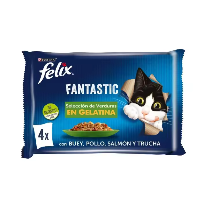FELIX Fantastic Selección con Verduras en Gelatina (4×85 g) - Alimento Húmedo Completo para Gatos Adultos (Buey y Zanahoria, Pollo y Tomate, Salmón y Calabacín, Trucha y Judías Verdes) - 1