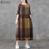 Vestido Midi De Lino Y Algodón ZANZEA Para Mujer Estilo Vintage Cuadros Manga Corta Cuello Redondo Vestidos Casual Verano Con Bolsillos Longitud Hombro a Hombro - details 2