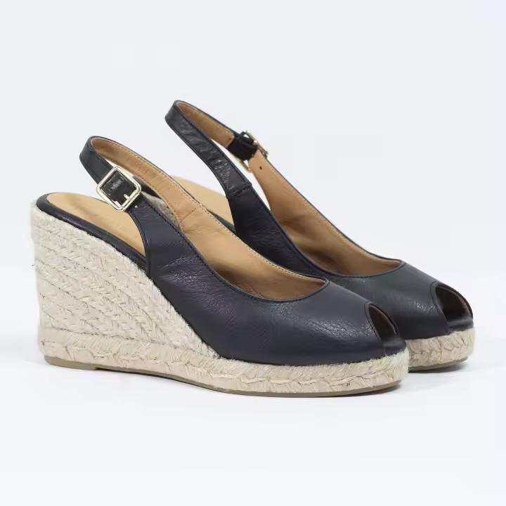 Bri-yute Alpargata Mujer Piel Suave Salón Negro Destalonada Cuña Yute 9,5cm Plataforma 2,5cm - 1