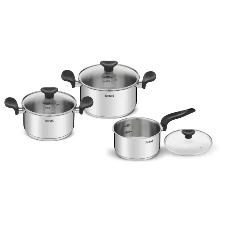 Batería de Cocina de 6 Piezas Tefal Primary – Ollas y Cazo en Acero Inoxidable con Tapas de Cristal Templado, Aptas para Inducción, Horno y Lavavajillas - 1
