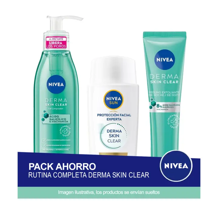 NIVEA Pack ahorro DERMA SKIN CLEAR rutina completa: Gel Limpiador + Exfoliante de Noche + UV Proteccion Facial FP50+ - 1