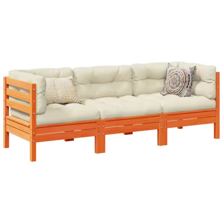 vidaXL Set de sofás jardín 3 pzas con cojines madera pino marrón cera - 1