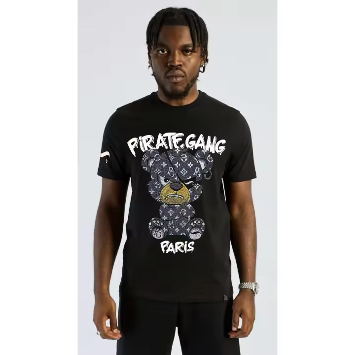 Camiseta Slim Fit Pirate Gang París Negra Pedrería Brillante Oso Negro - 1