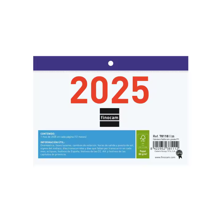 Finocam - Calendario Faldilla Números Grandes 2025 Faldillas Enero 2025 - Diciembre 2025 (12 meses) Español - 1