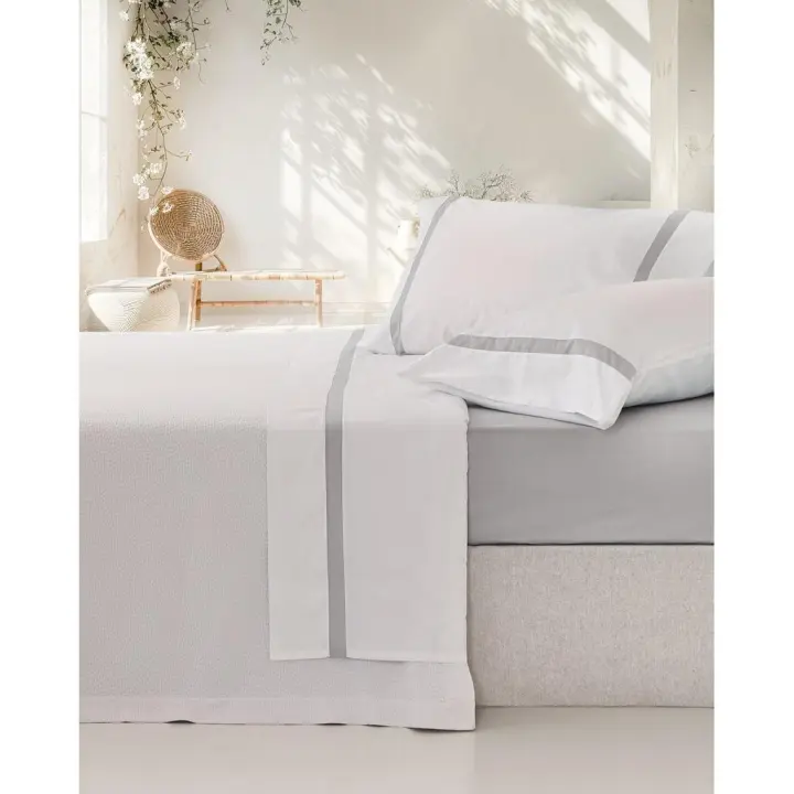Juego de Sábanas 100% Algodón, Percal Peinado 200 Hilos, Color Blanco-Gris, Vidal Home - 1