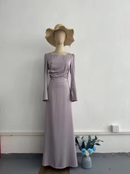 Vestido Elegante De Seda Mercerizada Violeta Para Mujer Con Manga Larga Y Cuello Cuadrado Con Dobladillos Y Cierre De Encaje Vestido Formal De Pierna Larga Para Mujer - 1