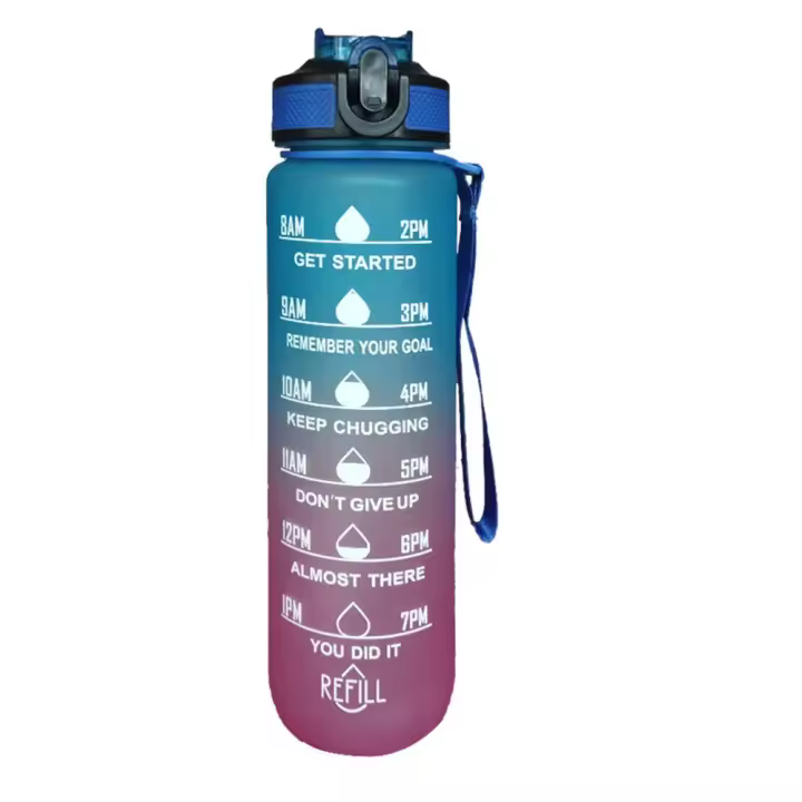 Botella De Agua Deportiva De 1L Con Marca De Tiempo Y Color Gradiente Resistente a Fugas Para Oficina Gimnasio Exterior - 1