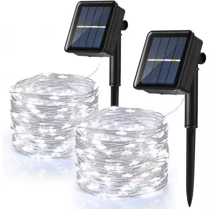 [Paquete de 2] Guirnaldas de Luces Solares para Exterior, 120 LED, Guirnaldas de Luces Solares Impermeables, 12 M, 8 Modos, Guirnaldas de Luces de Cobre para Jardín, Patio, fiesta DE LA Navidad, Blanco Frío - 1
