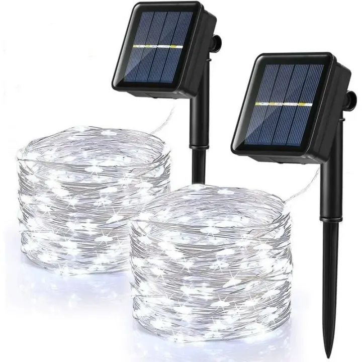 [2 pack] outdoor solar string lights, 120 leds, waterproof solar string lights, 12m, 8 modes, copper string lights for garden, patio, christmas party, cool white - 1