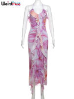 Vestido De Fiesta Para Mujer Verano Sin Espalda Con Encaje Y Tirantes Estampado De Flores Irregular Tassel Bandage Slim - details 4
