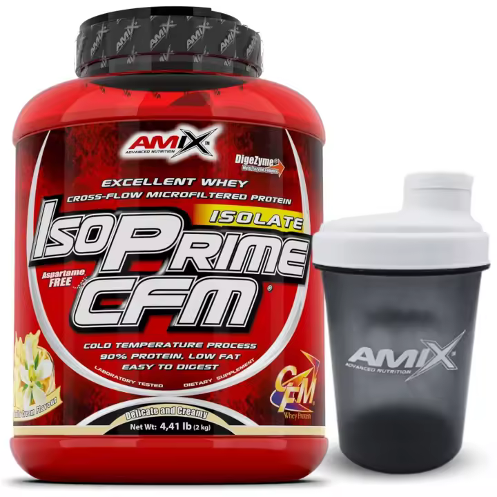 AMIX - Proteína Isolada Isoprime CFM, 2 Kg - Gran Aporte de Aminoácidos - Contiene Enzimas Digestivas - Libre de Aspartamo, Proteínas para Aumentar Masa Muscular, Sabor Vainilla + SHAKER REGALO - 1