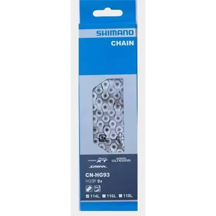 SHIMANO | Cadena HG93 9v 114 Eslabones - Construcción con precisión.
Alta durabilidad.
Recubrimiento en aleación de zinc plateado.
Eslabones: 114.
Peso según fabricante: 204 grs. - 1