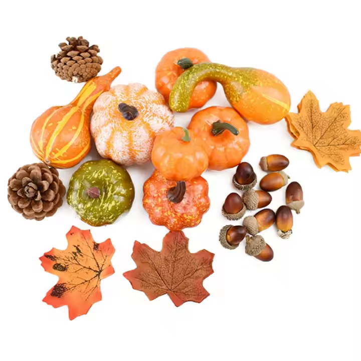 50Pcs Decoraciones De Halloween Con Calabazas Artificiales Hojas De Arce Conos De Pino Y Almendras Para El Hogar Adornos De Agradecimiento Mini Calabaza Falsa - 1