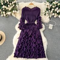 Vestido Elegante De Mujer 2024 Pleated Miyak Primavera Otoño V-Neck Suéter Beaded Exquisito Cinturón A-Line Midi Vintage Polyester - details 9