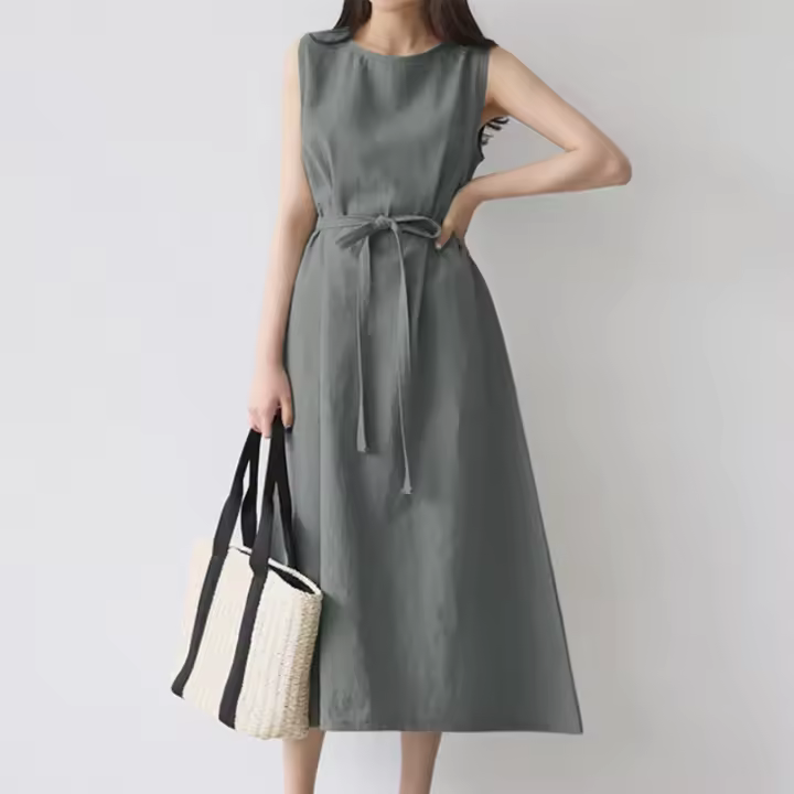 Vestido Largo De Verano Para Mujer Estilo Vintage De Algodón Y Lino Cuello Redondo Sin Mangas Cinturado Talla Grande Casual - 1