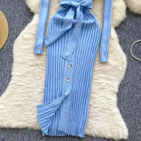 Vestido De Punto Para Mujer REALEFT Otoño Invierno Con Cinturón Cuello Polo De Mano Sola Manga Larga Ajuste Cintura Alta Vestido De Trabajo - details 21