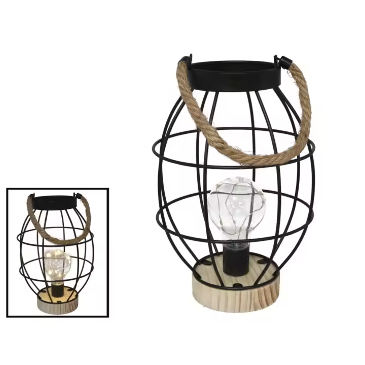 Lámpara Decorativa GISSED - Estilo Rústico con Jaula Metálica y Base de Madera - Luz LED Cálida para Exteriores e Interiores - Ideal para Decoración de Terrazas, Jardines y Eventos Especiales - 1