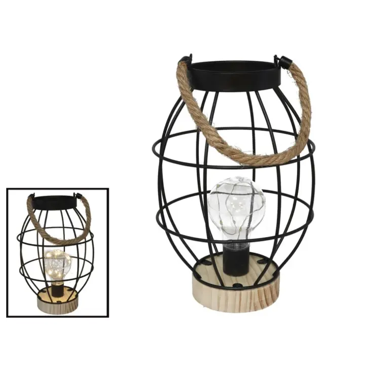 Lámpara Decorativa GISSED - Estilo Rústico con Jaula Metálica y Base de Madera - Luz LED Cálida para Exteriores e Interiores - Ideal para Decoración de Terrazas, Jardines y Eventos Especiales - 1