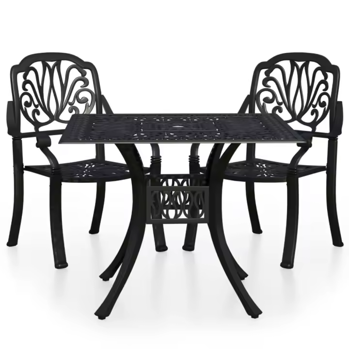 vidaXL Mesa y sillas de bistró 3 piezas aluminio fundido negro - 1