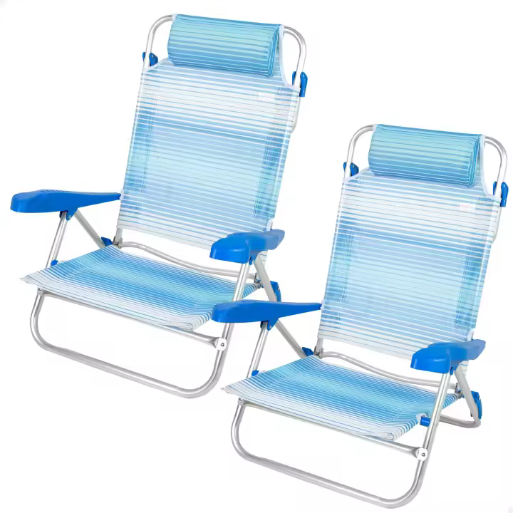 Aktive – Pack de 2 sillas de playa plegables, con respaldo reclinable 7 posiciones, convertibles en tumbona, tamaño 47x49x82 cm, de aluminio y textileno, con cojín acolchado y asas de mano para transportar, estructura plegable, máx. 110 kg, multiposición - 1