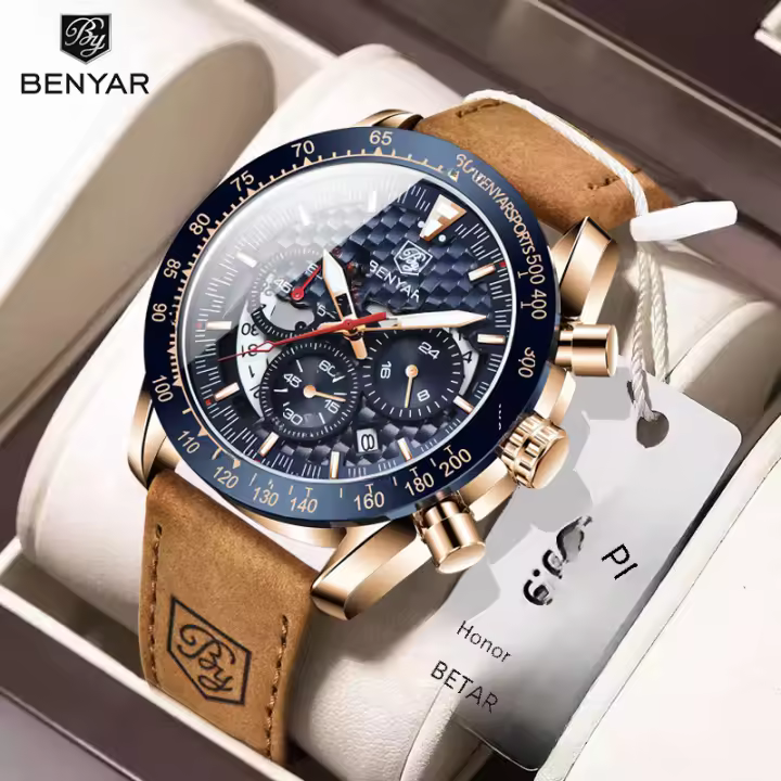 Reloj De Pulsera Deportivo De Lujo Para Hombre BENYAR Con Correa De Cuero Resistente Al Agua Y Al Choque Cronógrafo De Cuarzo Reloj Militar - 1