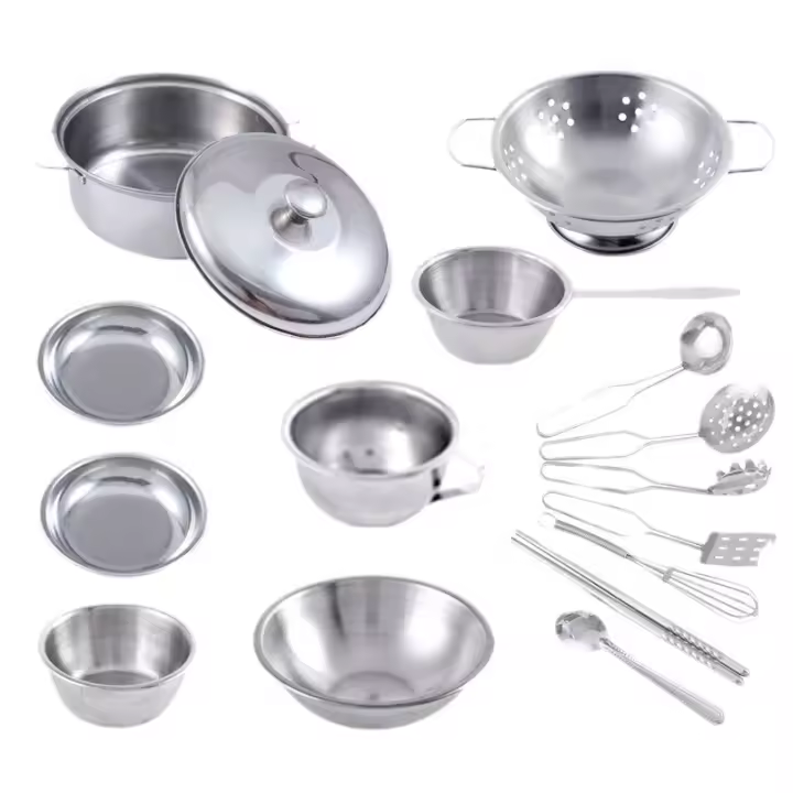 Juego de 16 piezas de juguetes de cocina de imitación para niños, utensilios de cocina, ollas y sartenes, Regalos, juguetes anticaída de Maple inoxidable para niños y niños. - 1