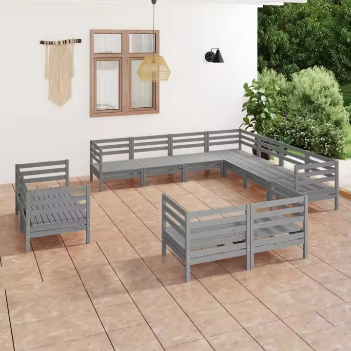 vidaXL Juego de muebles de jardín 11 piezas madera maciza de pino gris - 1