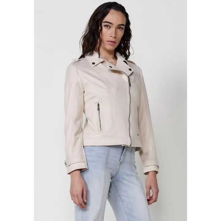 Koroshi - Chaqueta biker mujer efecto ante cruzada con cremallera asimétrica y cuello de solapas, 92% poliéster 8% elastano - 1