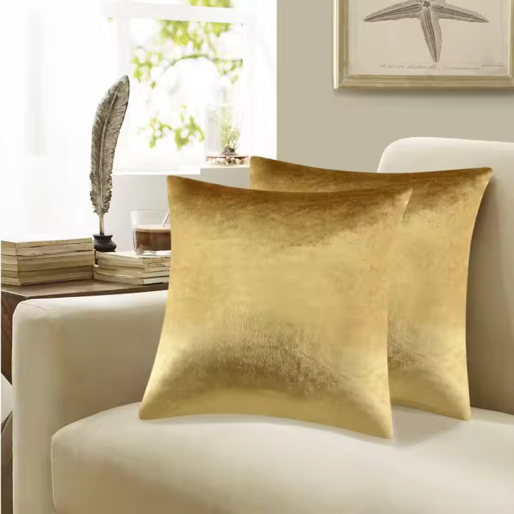 Funda de almohada decorativa de 16 x 16 pulgadas, funda de almohada de sofá cuadrada dorada, cojín de sofá bohemio de terciopelo - 1