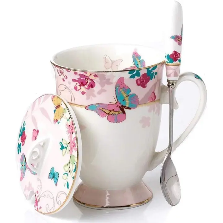 Taza de Café y té de Porcelana de estilo Europeo con tapa para el desayuno en casa o en la cocina (Rosa) - 1