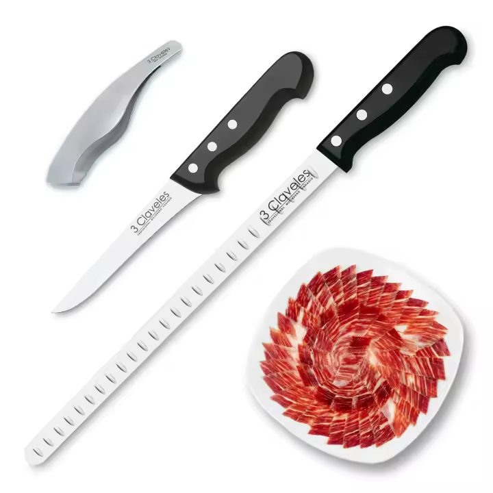 3 Claveles POM - Kit Profesional de Cuchillo Jamonero con Deshuesador y Pinzas - 1