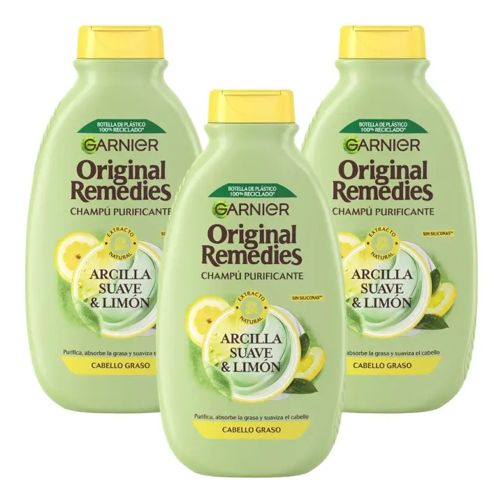 GARNIER ORIGINAL REMEDIES Pack de 3 botes de Champú purificante con extracto natural de arcilla suave y limón para cabello graso 300 ml (900 ml en total) - 1