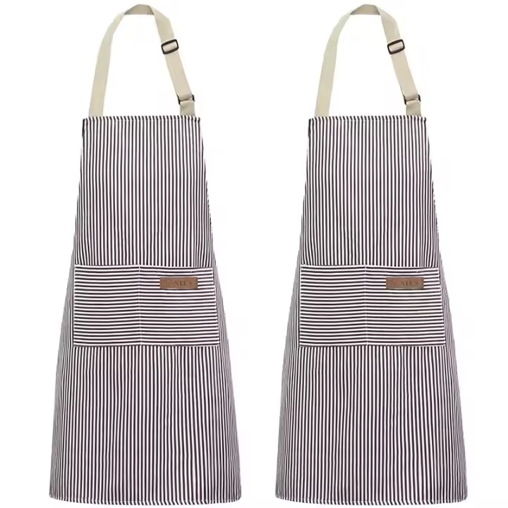 Delantal de Algodón de Malla a Rayas, delantal de Cocina Con bolsos para Cocinar Pintura de jardinería, delantal ajustable para Cocina Jardín (GRis) - 1