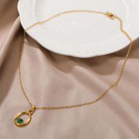 Collar De Novia De Acero Inoxidable Con Pedrería Natural Verde Y Diseño Geométrico Vacío Para Mujer Color Oro Joyería Moda Para BFF - details 4