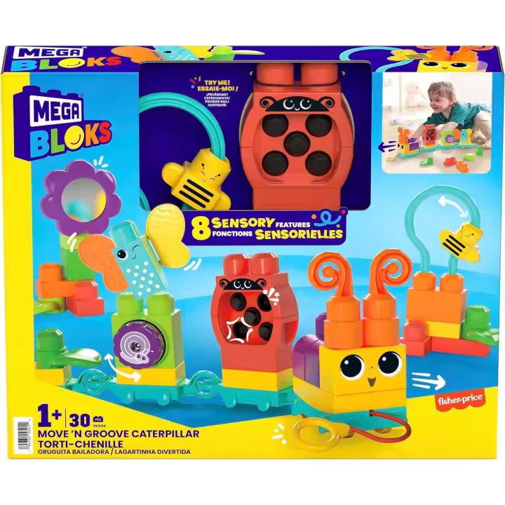 MEGA Bloks Tren oruga 30 bloques sensoriales de construcción, juguete +1 año (Mattel HKN44) - 1