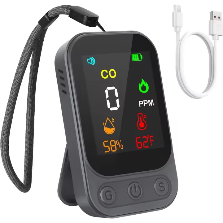 ER Mini detector de monóxido de Carbono con Alarma intelent Detector 3 en 1 Para detectar CO, temperatura y humedad. Portátil y recargable, perfecto para casa, camping, Negro. - 1